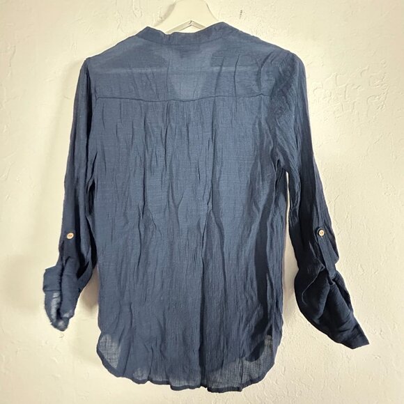 Zac & Rachel Womens Blue Crinkle Roll-Tab Sleeve Button-Front Henley Top Small - Picture 2 of 8